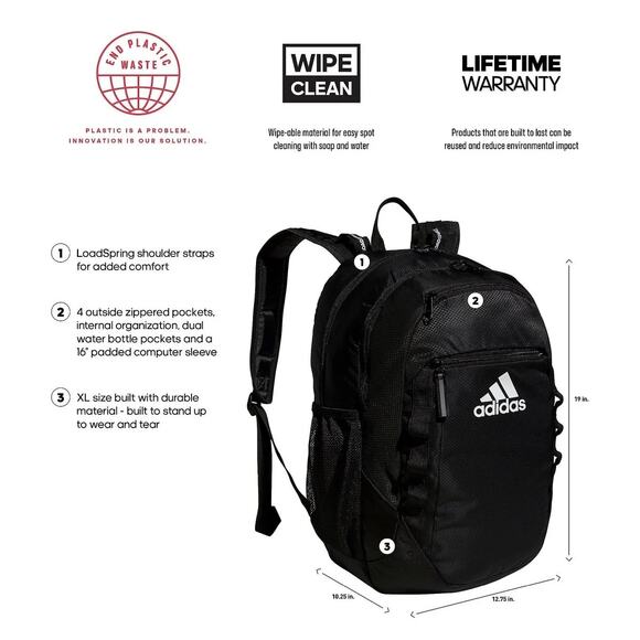 ADIDAS EXCEL 6 Active Padded Comfortable Black Essential Backpack NWT - Picture 3 of 7